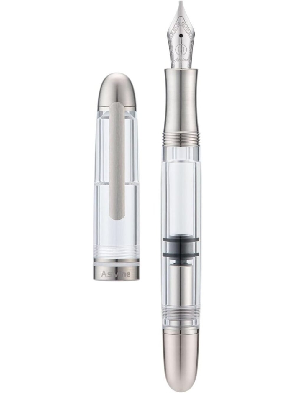 Titanium Fountain Pen Set - Piston Filling, 1.1mm Stub Nib, Clear Acrylic Case